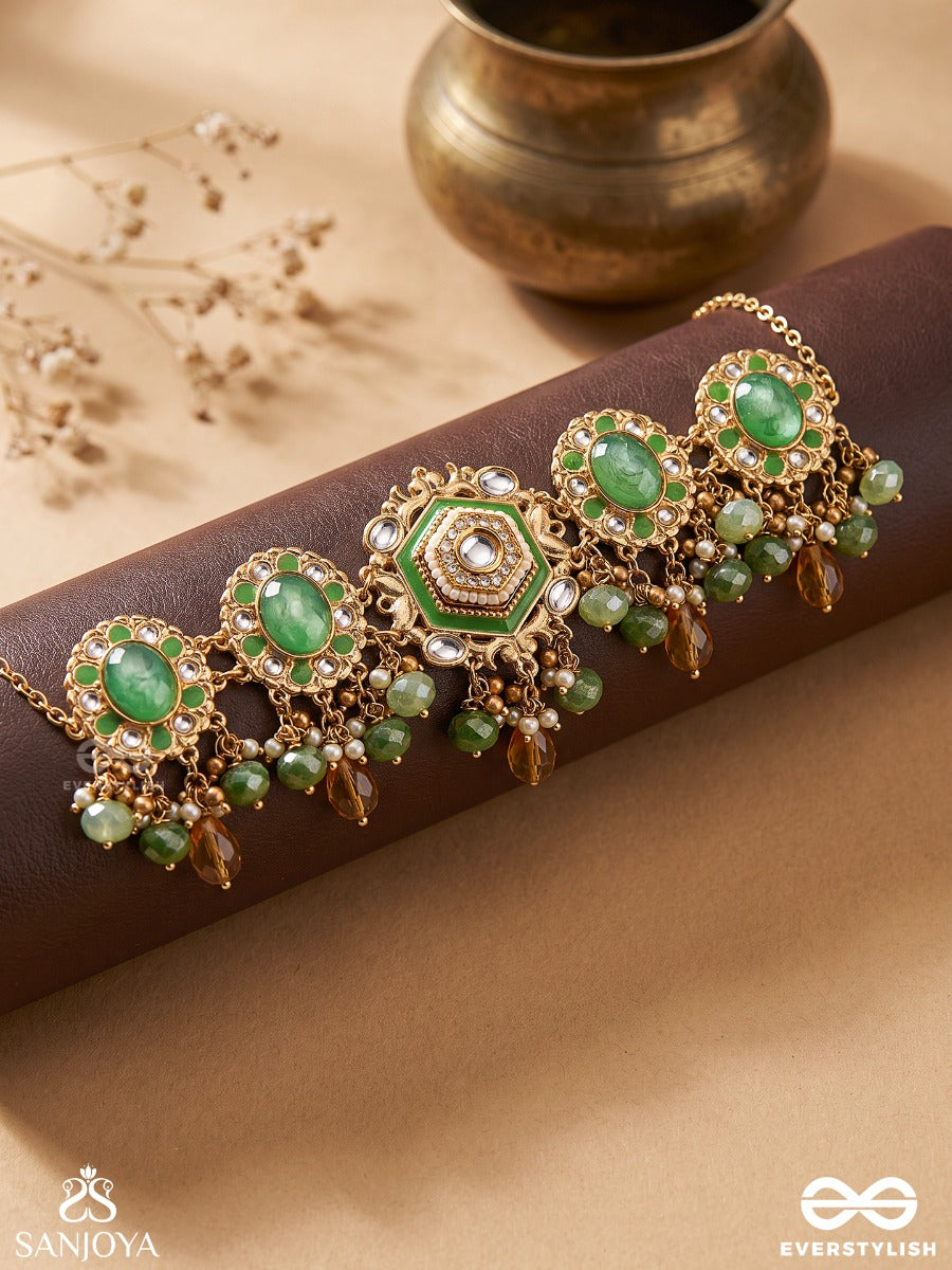 Rangharini - Colourful Enchantment - Panelled Necklace With Green Cabochon Centres And Drop Fringe Accents