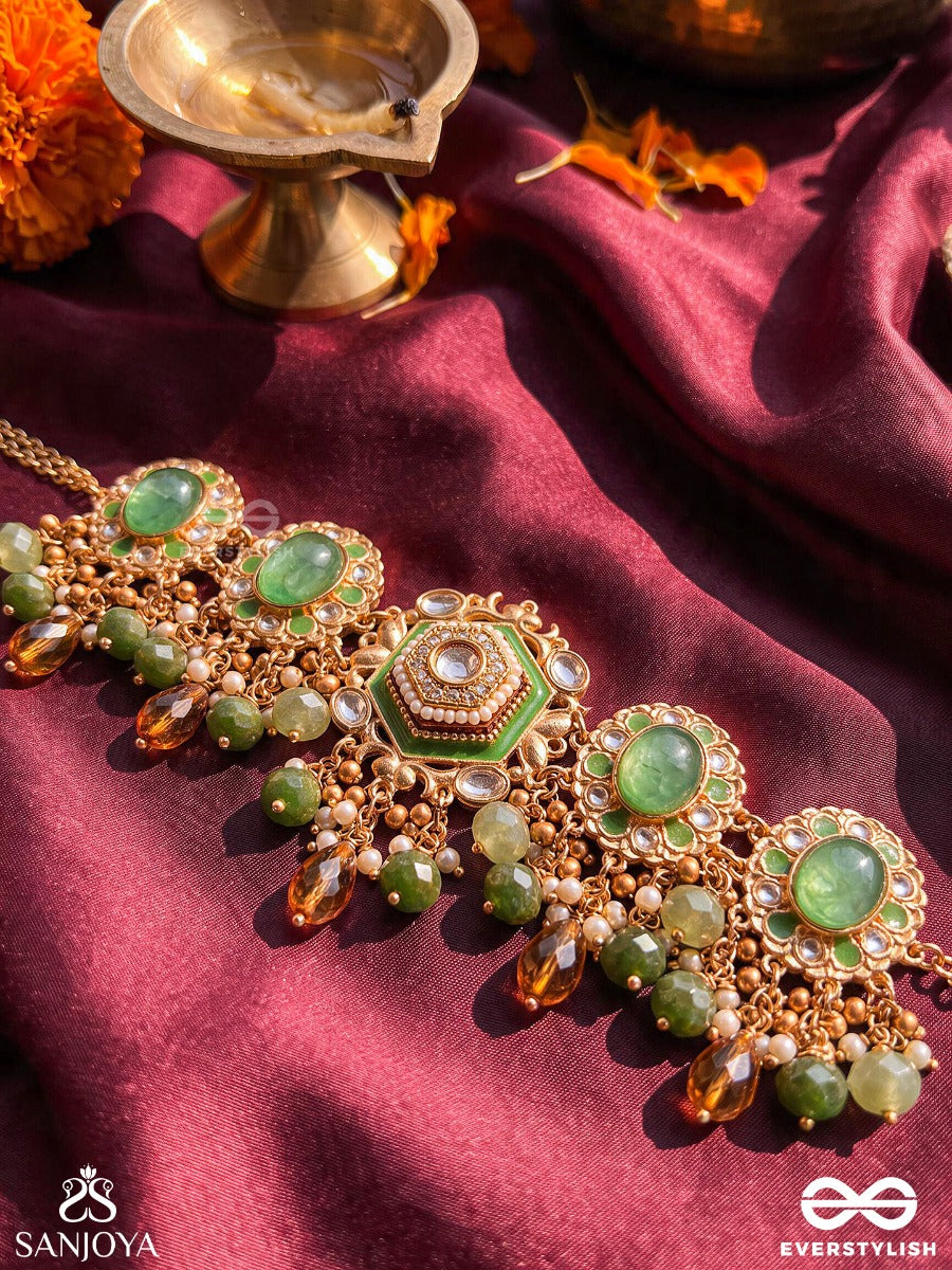 Rangharini - Colourful Enchantment - Panelled Necklace With Green Cabochon Centres And Drop Fringe Accents