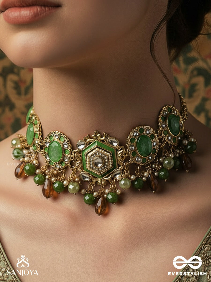 Rangharini - Colourful Enchantment - Panelled Necklace With Green Cabochon Centres And Drop Fringe Accents