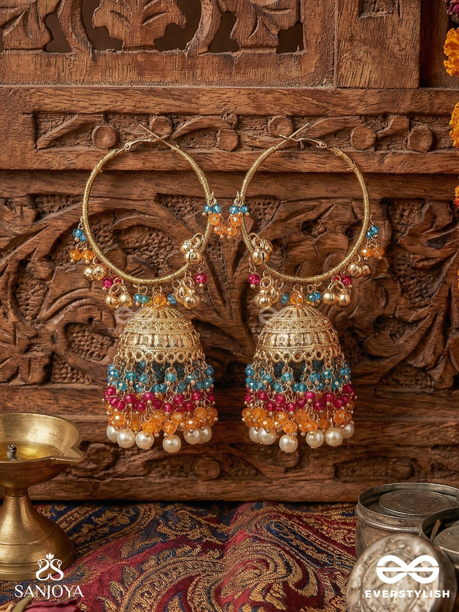 Rangtarang - Waves Of Colour - Grand Hoop Jhumka Earrings With Multi-Layered Gem Strands And Pearl Fringe