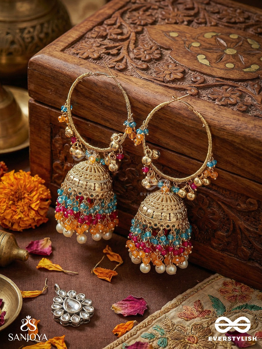 Rangtarang - Waves Of Colour - Grand Hoop Jhumka Earrings With Multi-Layered Gem Strands And Pearl Fringe