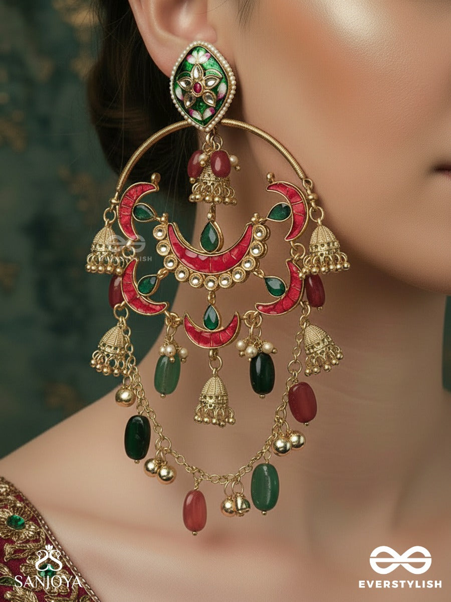 Maniranjani - Jewelled Celebration - Multi-Arc Chandelier Kashmiri Earrings With Multiple Crescent Panels, Gem Drops And Mini Jhumka Details