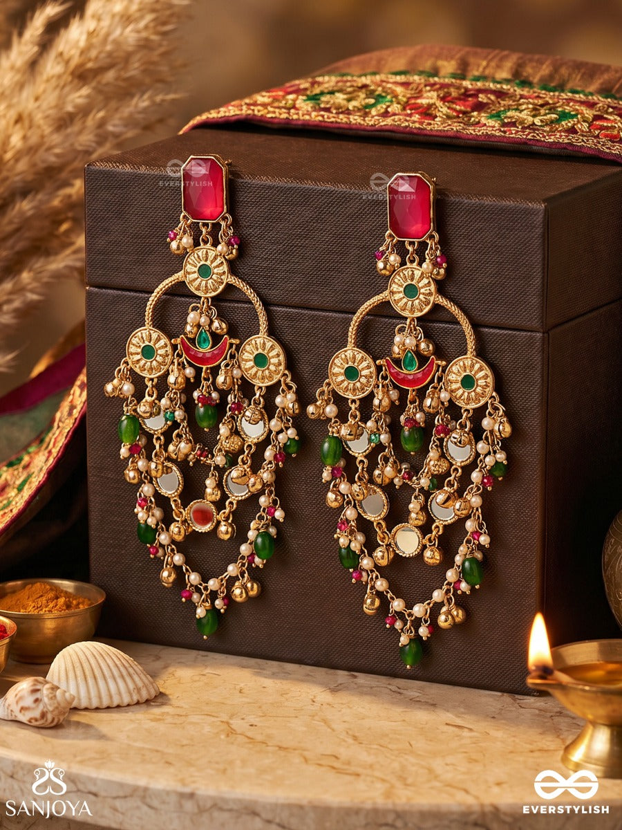Rangdevyani - Festive Divinity - Grand Chandelier Kashmiri Earrings With Ruby Top, Ornate Arch Panels And Gem Cascade