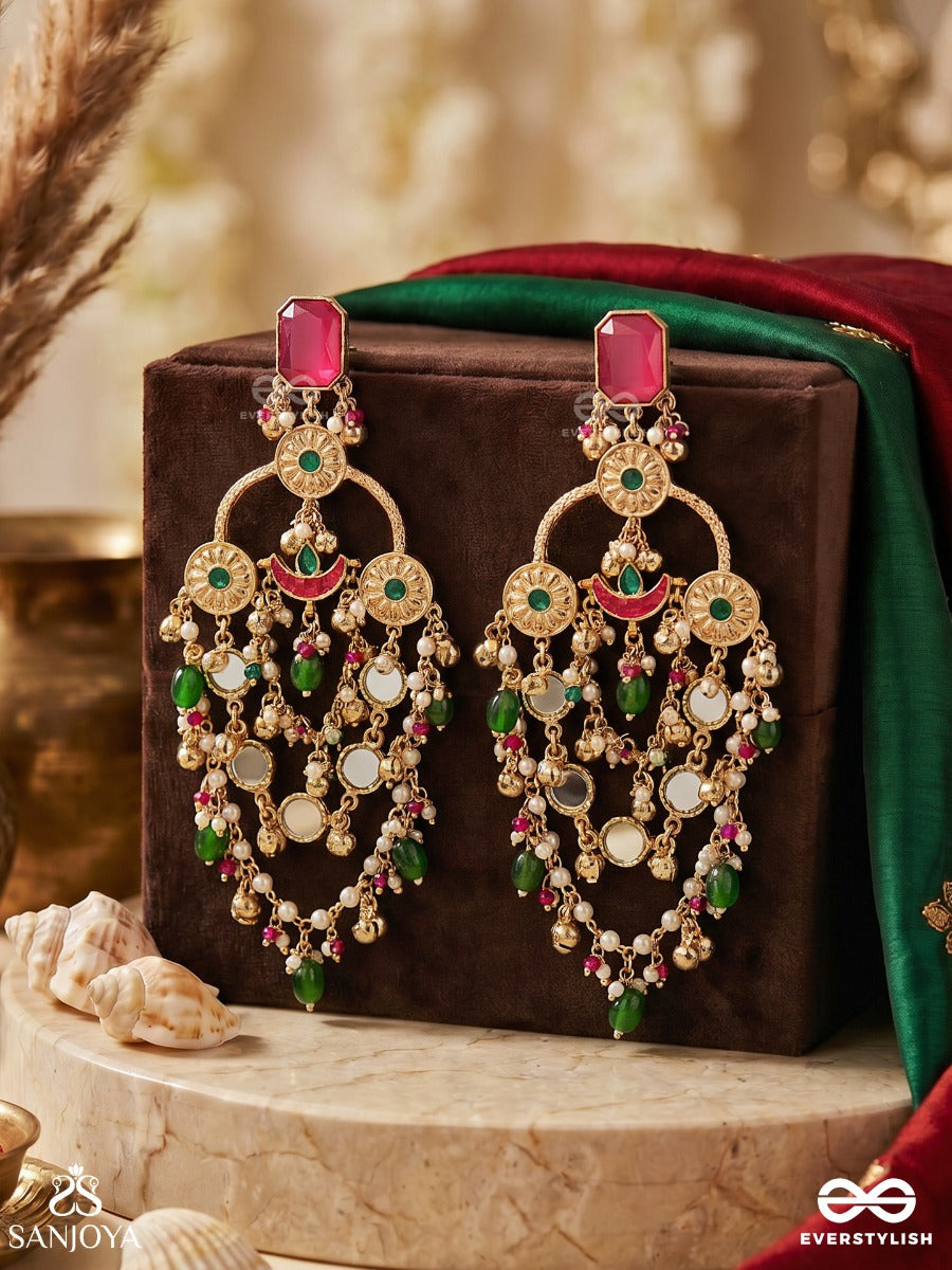 Rangdevyani - Festive Divinity - Grand Chandelier Kashmiri Earrings With Ruby Top, Ornate Arch Panels And Gem Cascade
