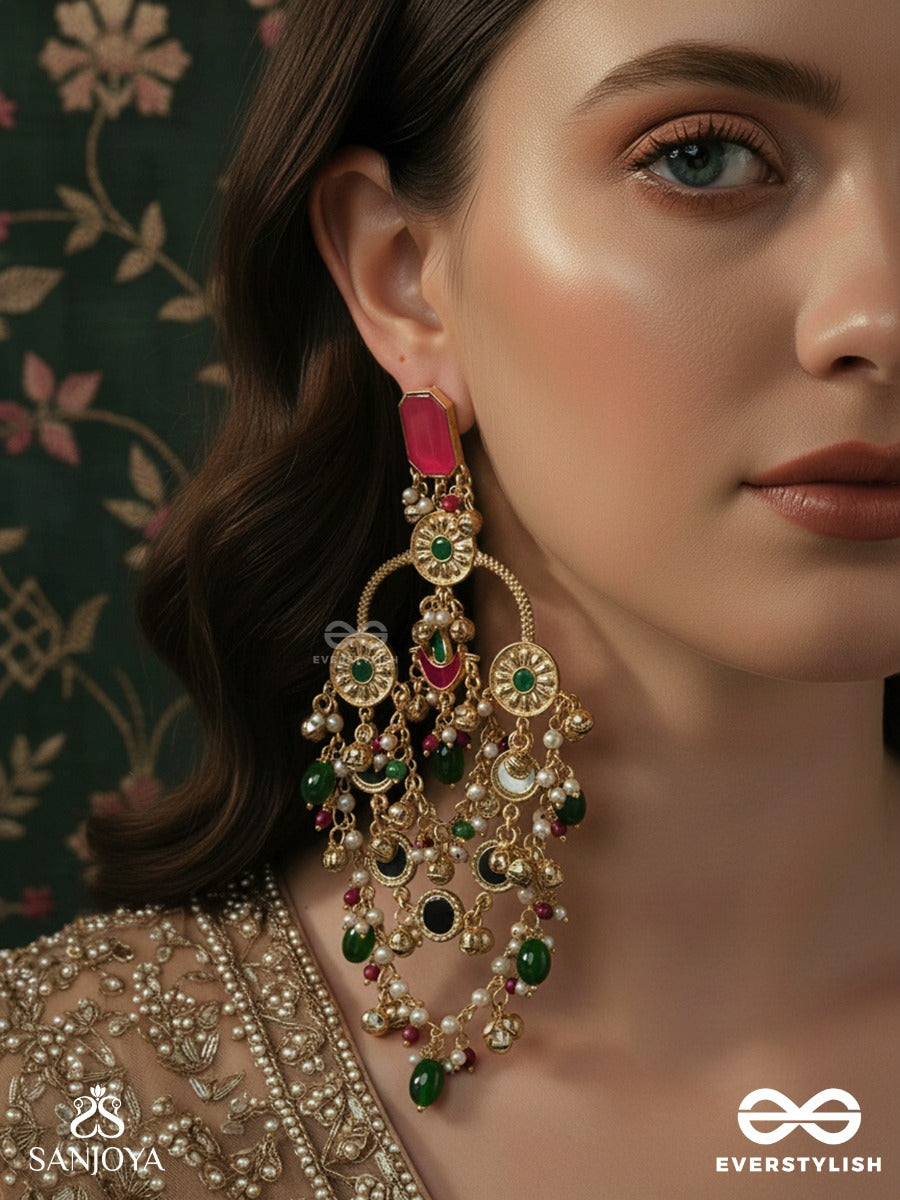 Rangdevyani - Festive Divinity - Grand Chandelier Kashmiri Earrings With Ruby Top, Ornate Arch Panels And Gem Cascade