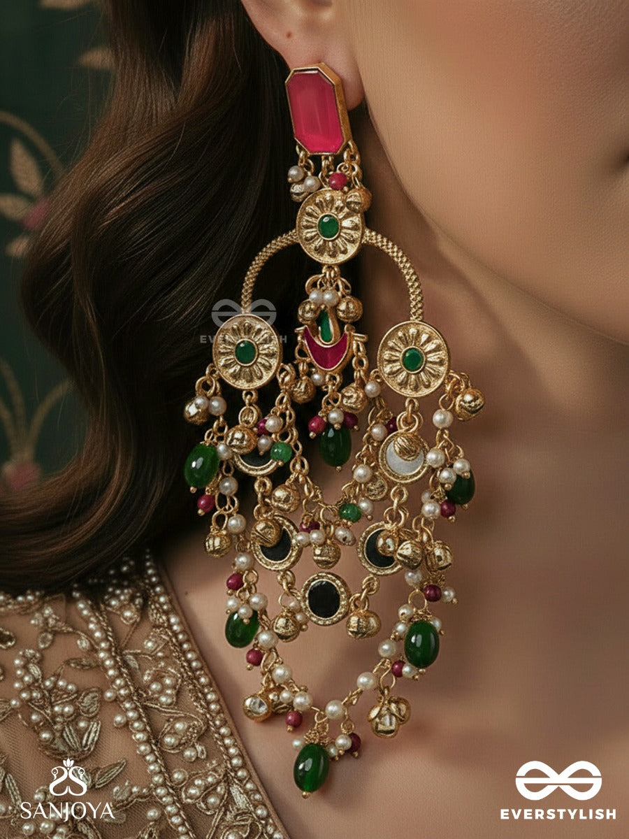 Rangdevyani - Festive Divinity - Grand Chandelier Kashmiri Earrings With Ruby Top, Ornate Arch Panels And Gem Cascade