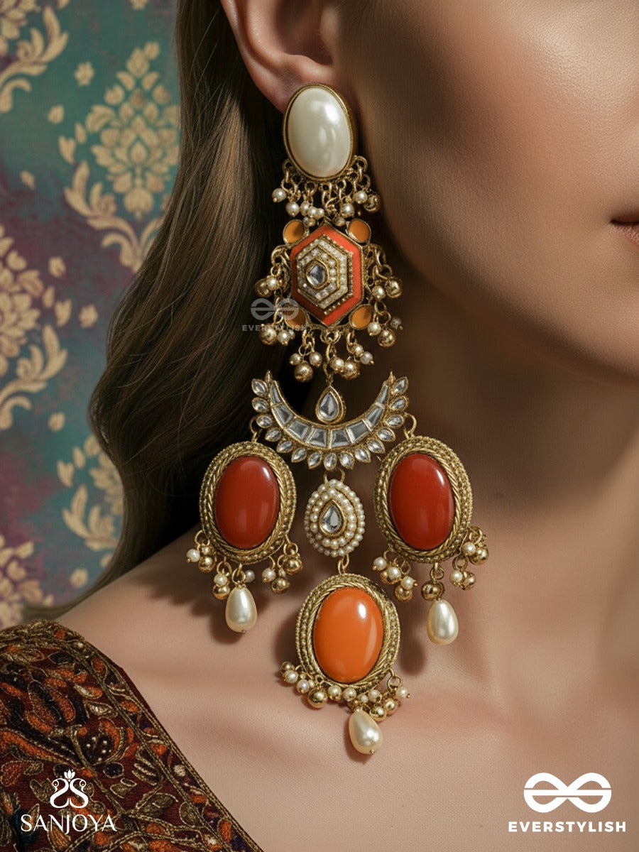 Arunprabha - Dawn Radiance - Grand Coral-Toned Kashmiri Earrings With Ornate Crescent Panel And Pearl Drop Accents