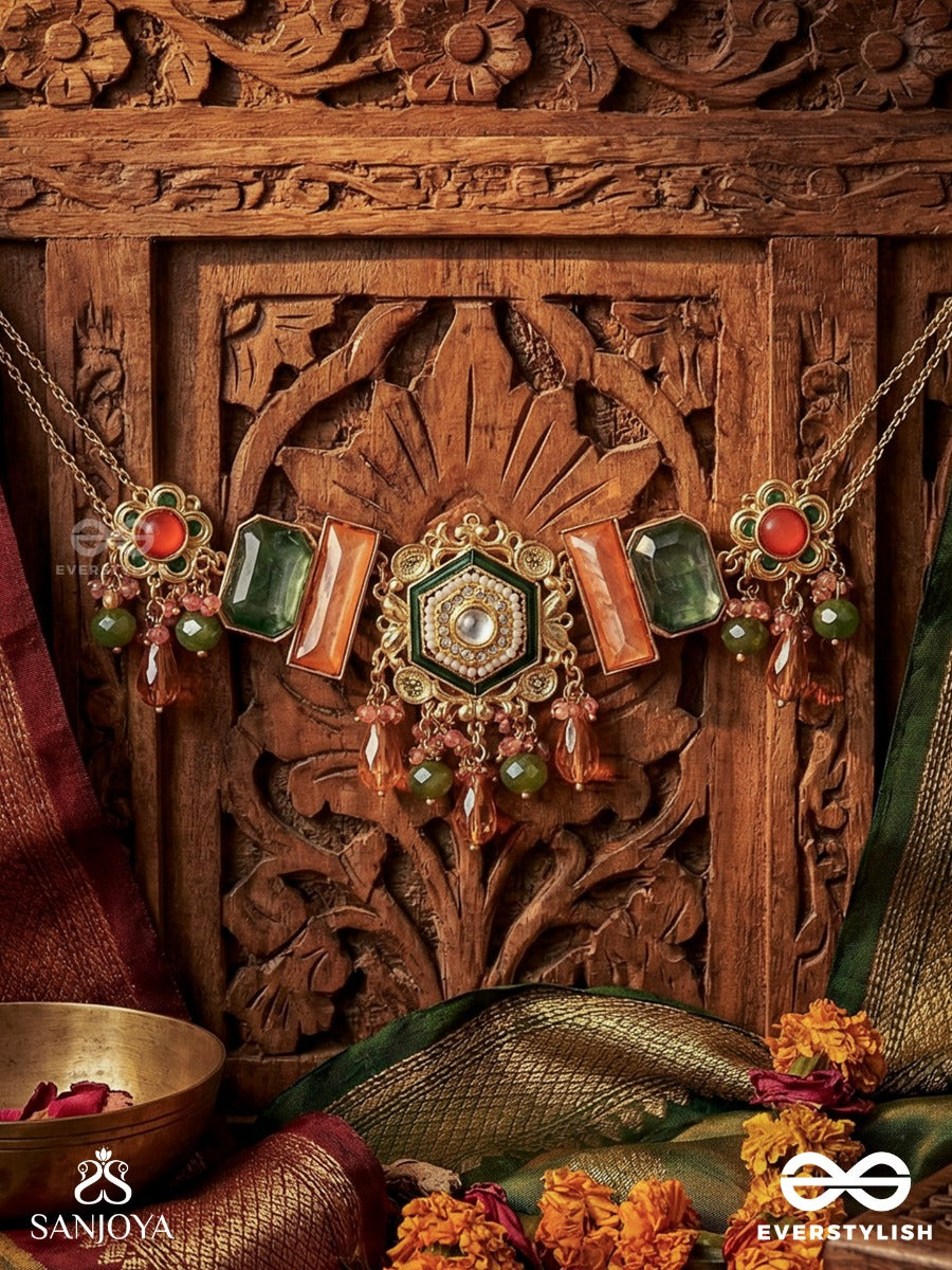 Chitraghana - Artistic Structure - Structured Necklace With Hexagon Centre, Coral Panels And Gem Accents