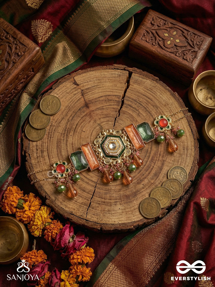 Chitraghana - Artistic Structure - Structured Necklace With Hexagon Centre, Coral Panels And Gem Accents