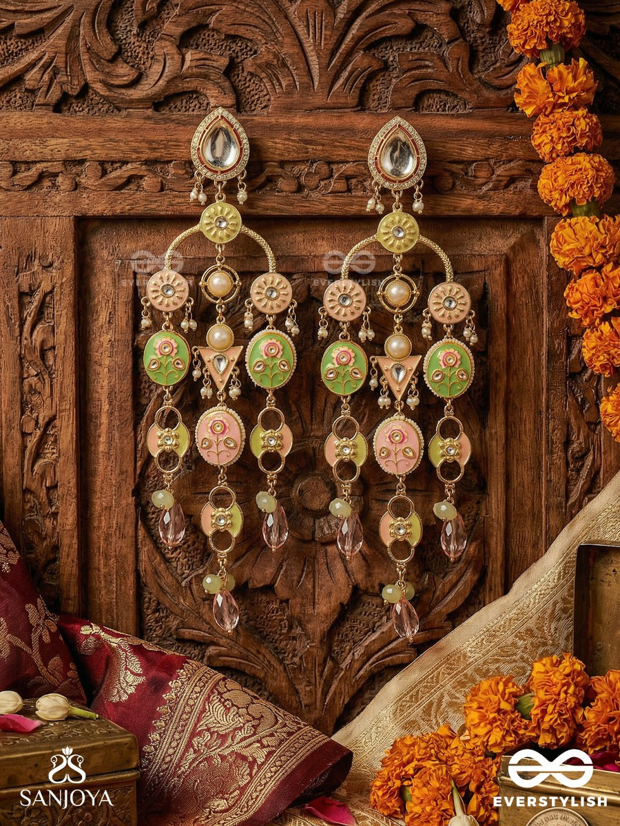Devakusuma - Divine Blossom - Multi-Panel Chandelier Kashmiri Earrings With Green-Pink Medallions And Dangling Crystals