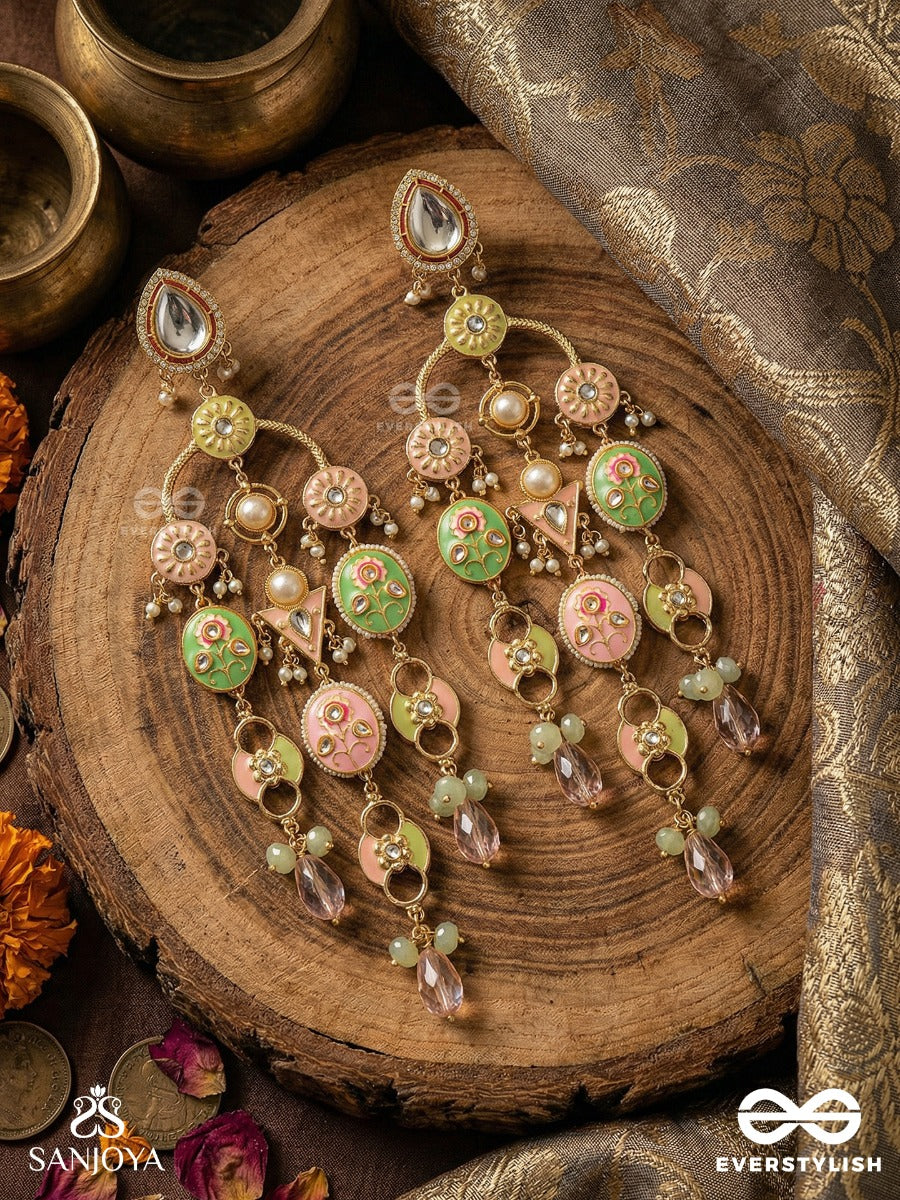 Devakusuma - Divine Blossom - Multi-Panel Chandelier Kashmiri Earrings With Green-Pink Medallions And Dangling Crystals