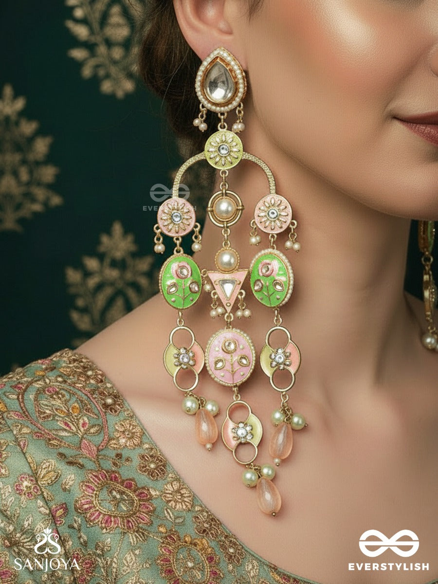 Devakusuma - Divine Blossom - Multi-Panel Chandelier Kashmiri Earrings With Green-Pink Medallions And Dangling Crystals