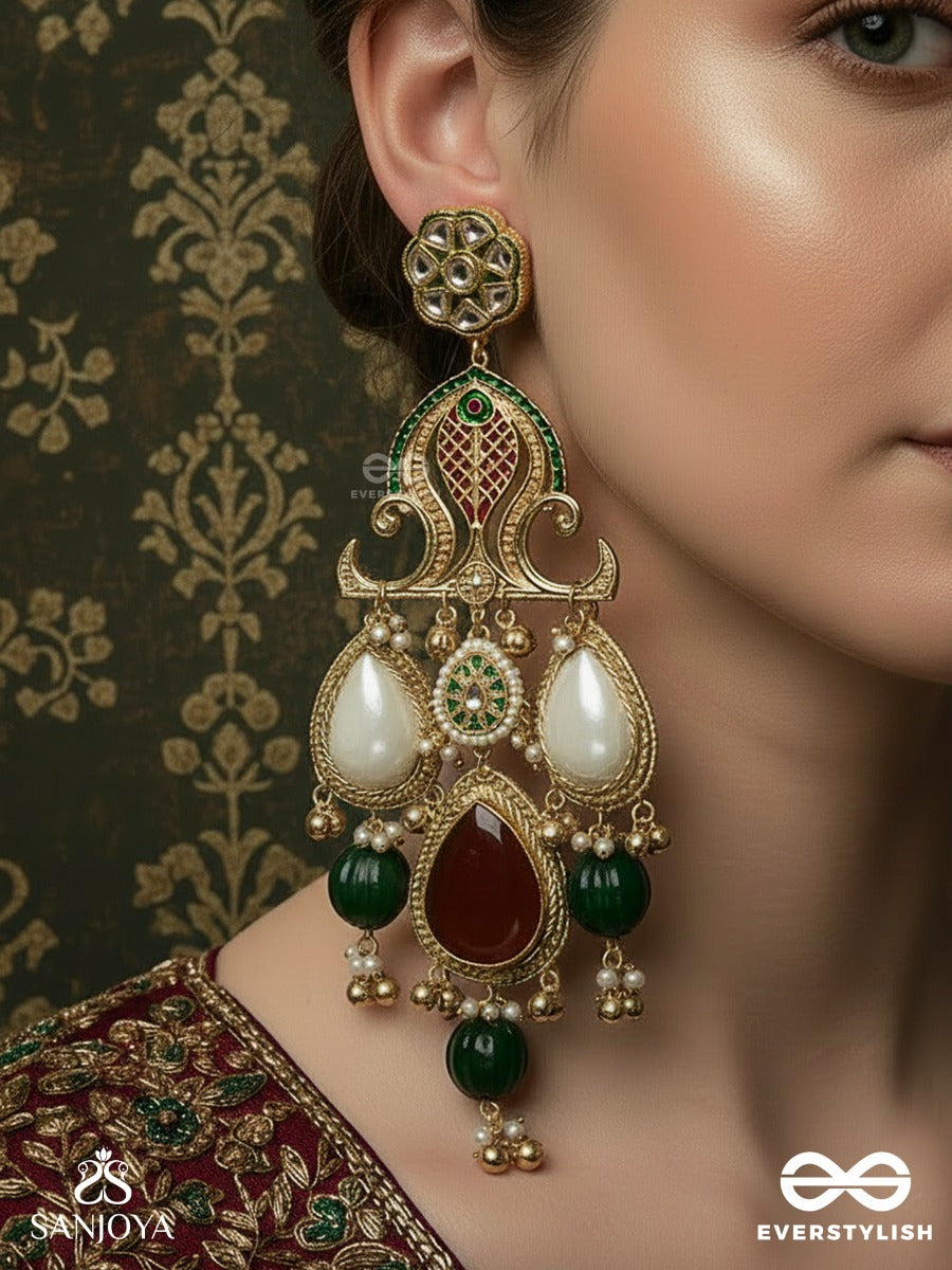 Devayani - Divine Path - Grand Filigree Kashmiri Earrings With Pearl Panels, Ruby Teardrop And Emerald Accents
