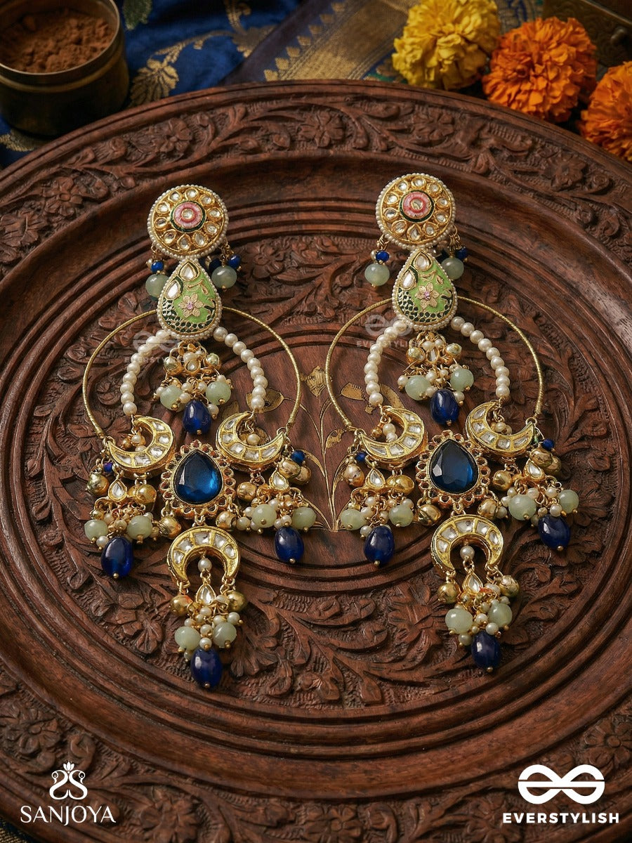 Ambarika - Sky-Born Beauty - Structured Chandelier Kashmiri Earrings With Hoop Frame And Deep Blue Drop Accents