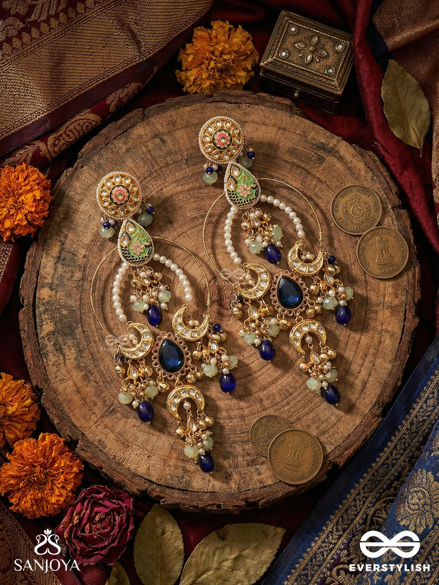 Ambarika - Sky-Born Beauty - Structured Chandelier Kashmiri Earrings With Hoop Frame And Deep Blue Drop Accents