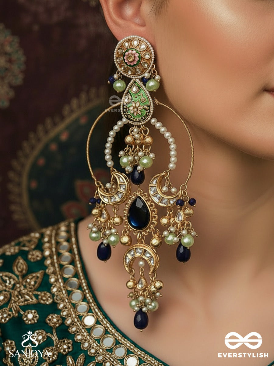 Ambarika - Sky-Born Beauty - Structured Chandelier Kashmiri Earrings With Hoop Frame And Deep Blue Drop Accents