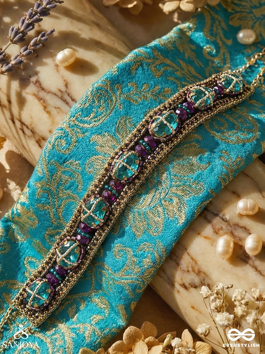Manitara - Star Of Jewels - Panelled Necklace With Turquoise Stone Settings And Ornamental Dark Enamel Framework