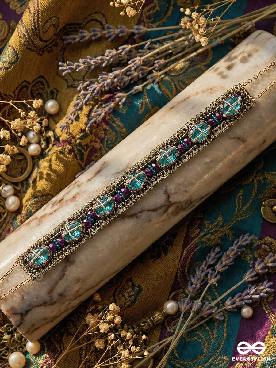 Manitara - Star Of Jewels - Panelled Necklace With Turquoise Stone Settings And Ornamental Dark Enamel Framework
