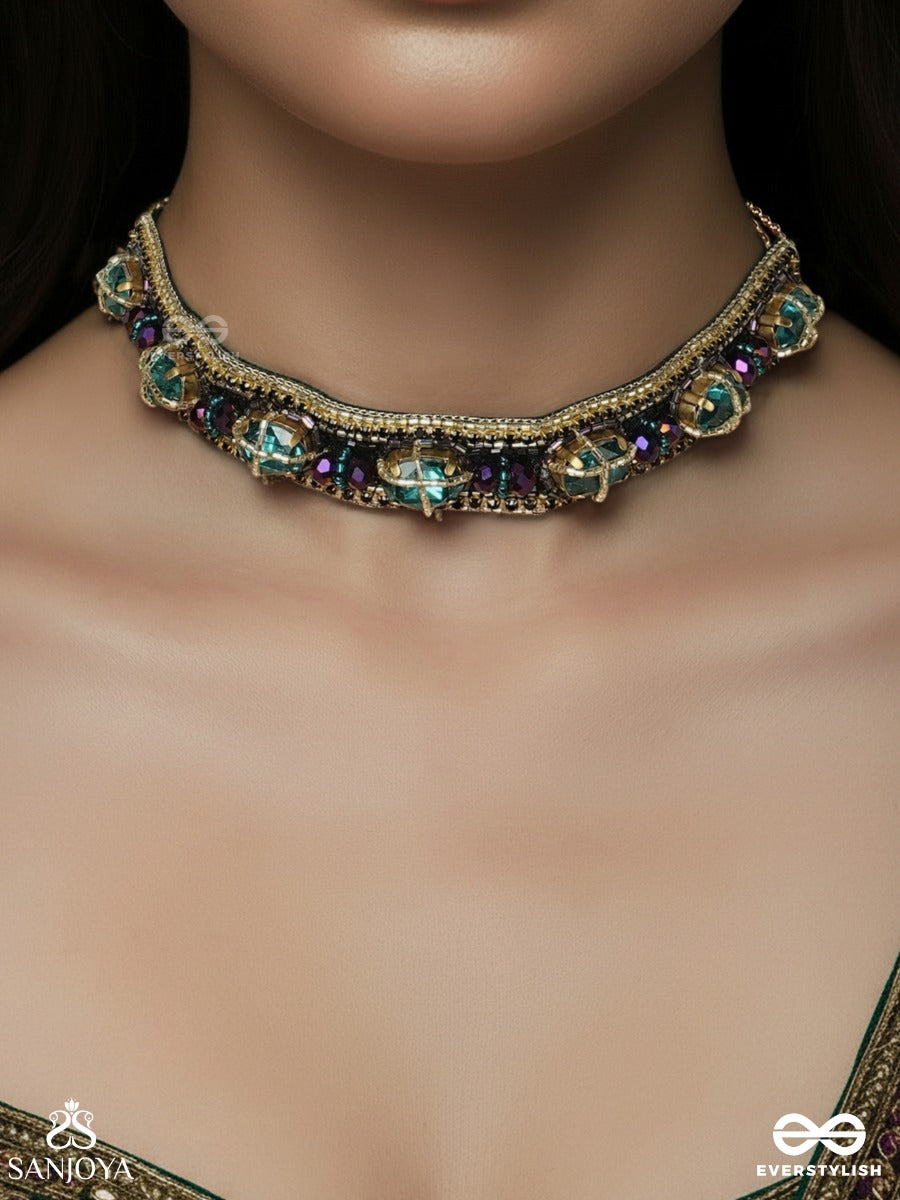 Manitara - Star Of Jewels - Panelled Necklace With Turquoise Stone Settings And Ornamental Dark Enamel Framework