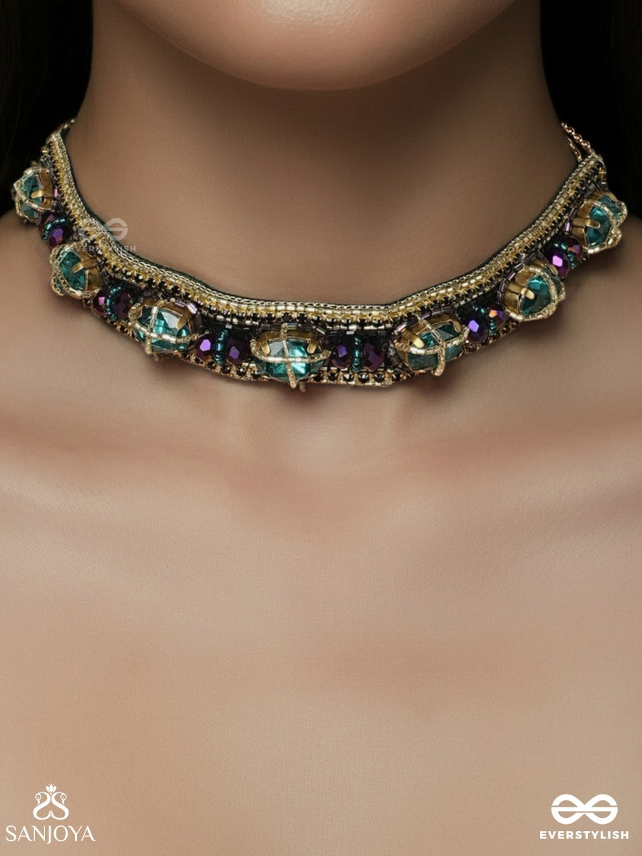 Manitara - Star Of Jewels - Panelled Necklace With Turquoise Stone Settings And Ornamental Dark Enamel Framework