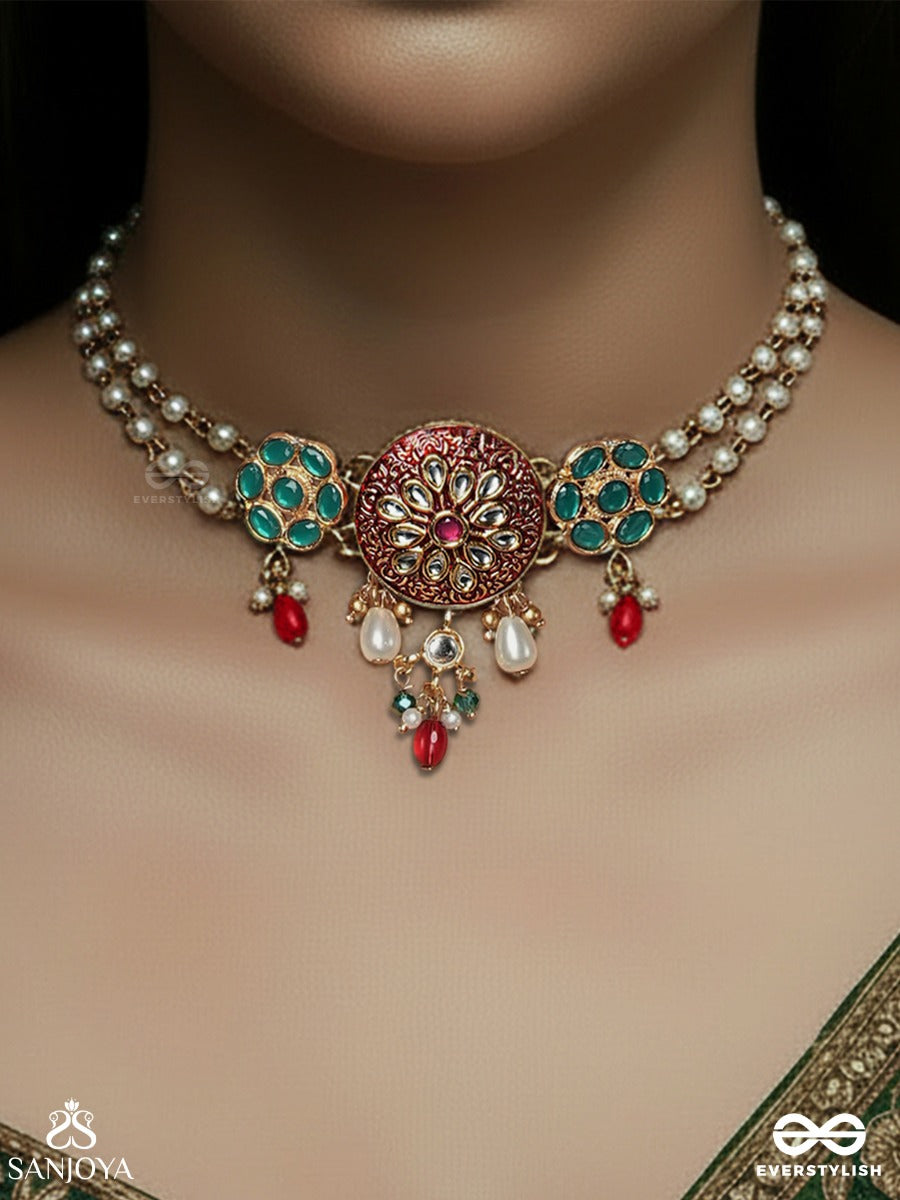 Padmaraga - Lotus Radiance - Enamelled Necklace With Floral Medallion And Gem Drop Accents
