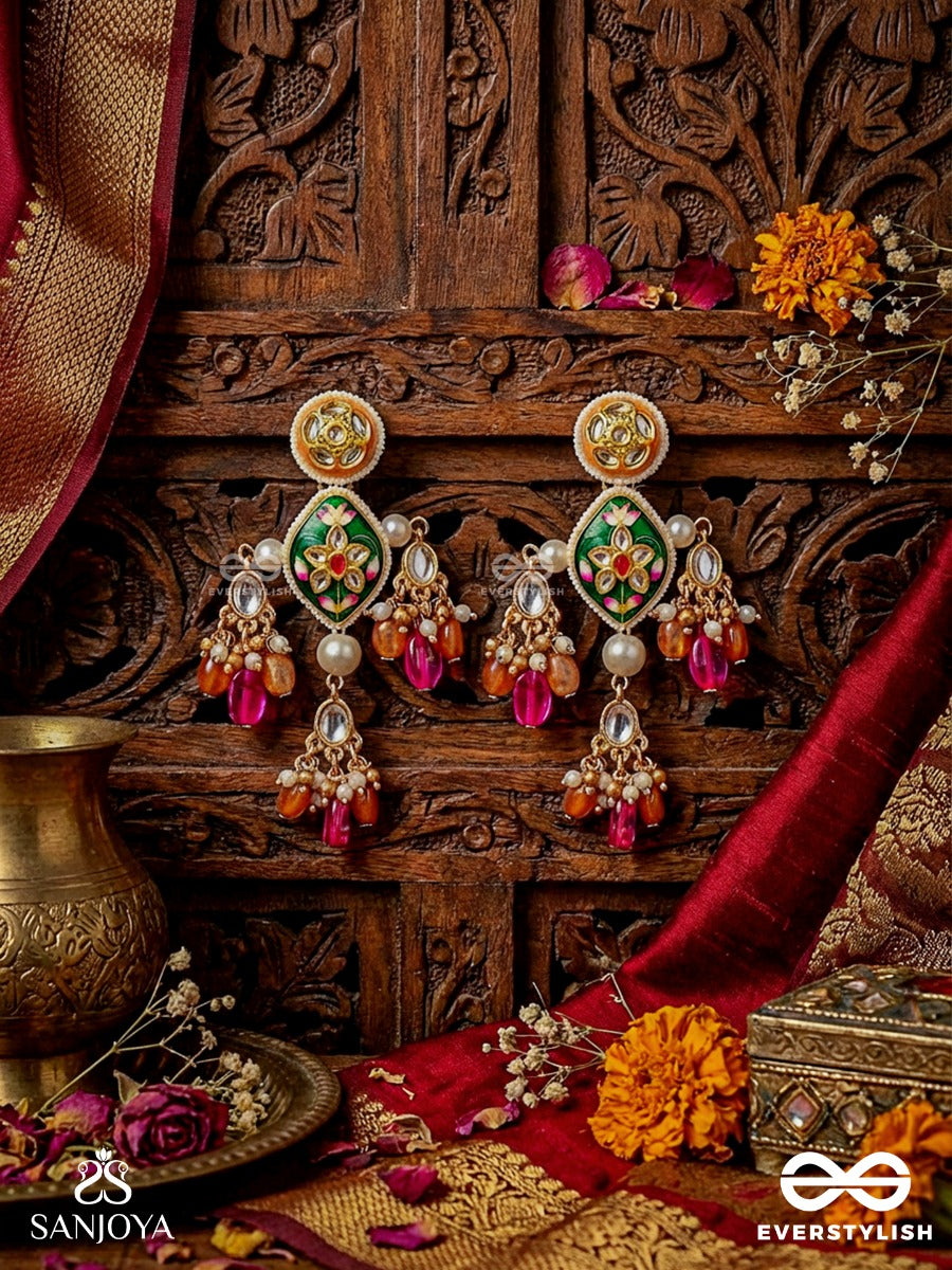 Manipushpita - Jewelled Bloom - Festive Earrings With Enamel Motif And Colourful Gem Drops