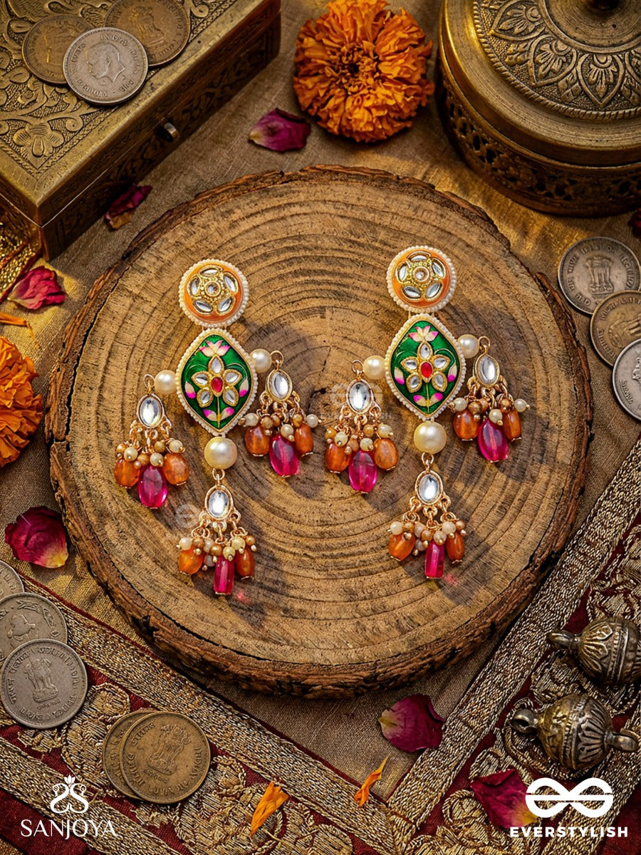 Manipushpita - Jewelled Bloom - Festive Earrings With Enamel Motif And Colourful Gem Drops