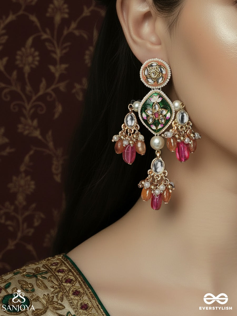 Manipushpita - Jewelled Bloom - Festive Earrings With Enamel Motif And Colourful Gem Drops