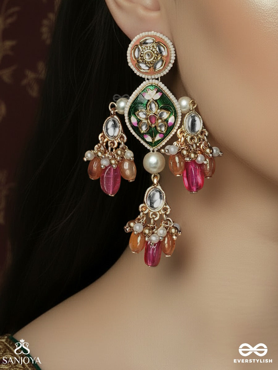 Manipushpita - Jewelled Bloom - Festive Earrings With Enamel Motif And Colourful Gem Drops