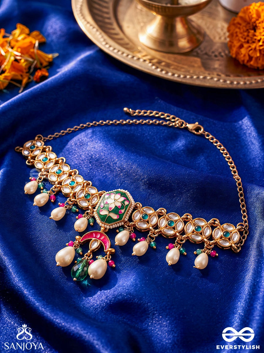 Prabhachandri - Radiant Moon - Statement Necklace With Decorative Medallion And Pearl Fringe