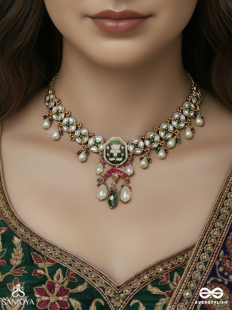 Prabhachandri - Radiant Moon - Statement Necklace With Decorative Medallion And Pearl Fringe