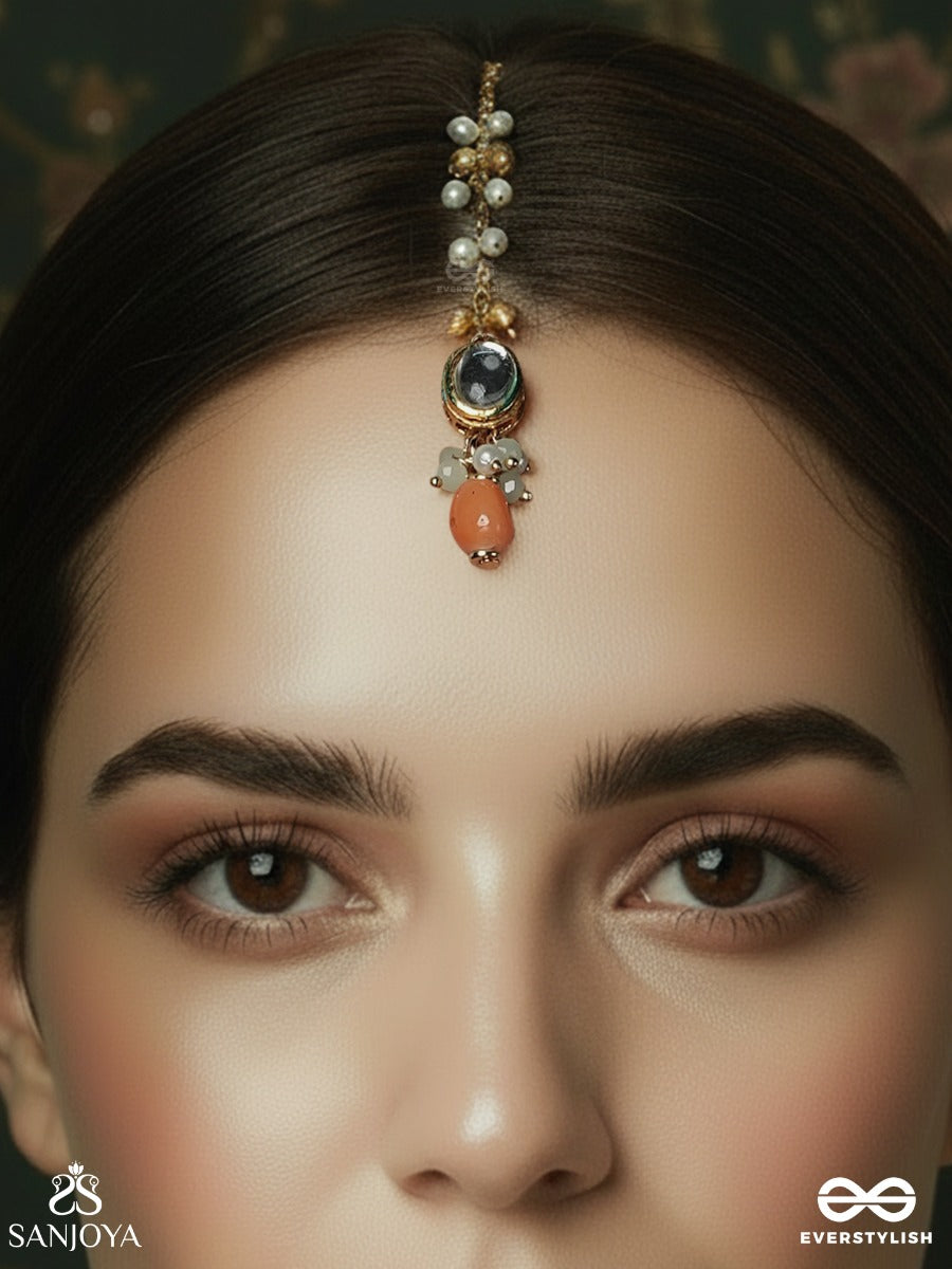Tarangika - Little Wave - Ornamental Maangtika With Stone Medallion And Bead Accent