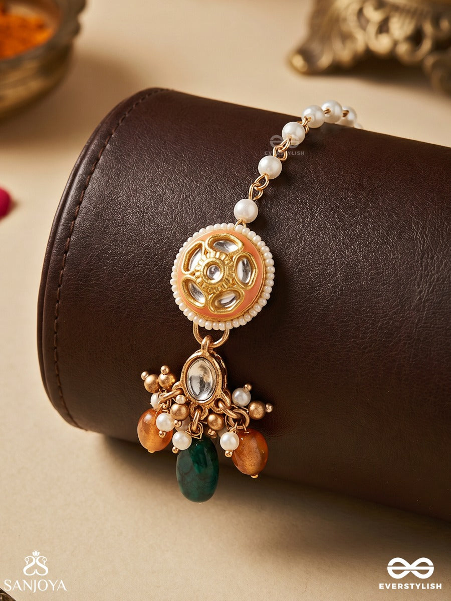 Suramukhi - Divine Face - Ornamental Maangtika With Enamelled Medallion And Gem Drop Cluster