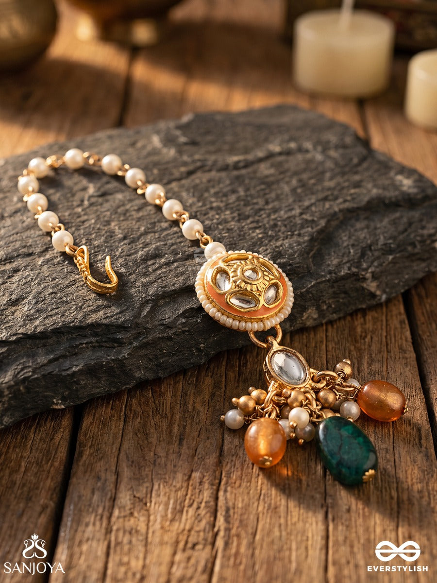 Suramukhi - Divine Face - Ornamental Maangtika With Enamelled Medallion And Gem Drop Cluster