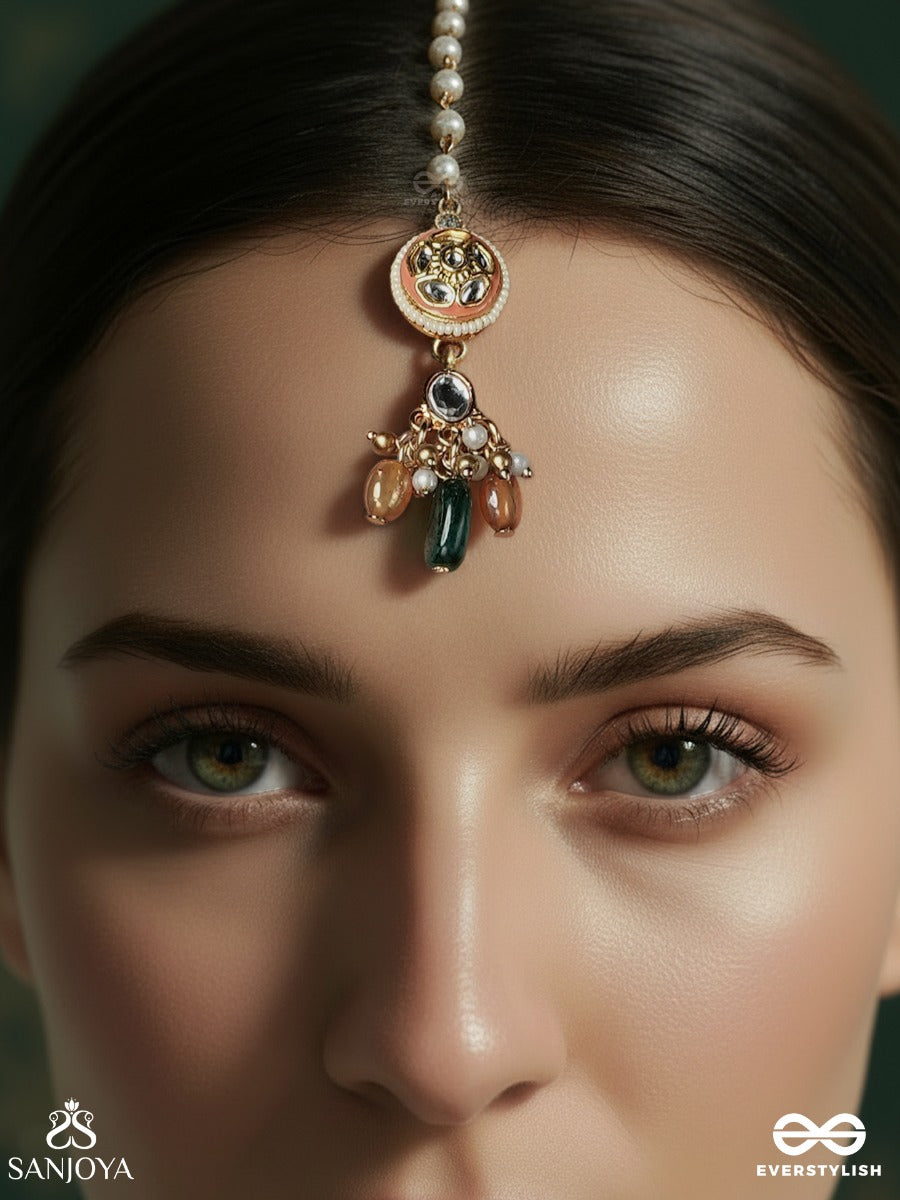 Suramukhi - Divine Face - Ornamental Maangtika With Enamelled Medallion And Gem Drop Cluster