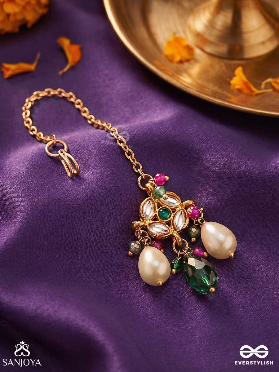Pavitrika - Sacred Adornment - Delicate Maangtika With Gem Medallion And Pearl Drop Accents