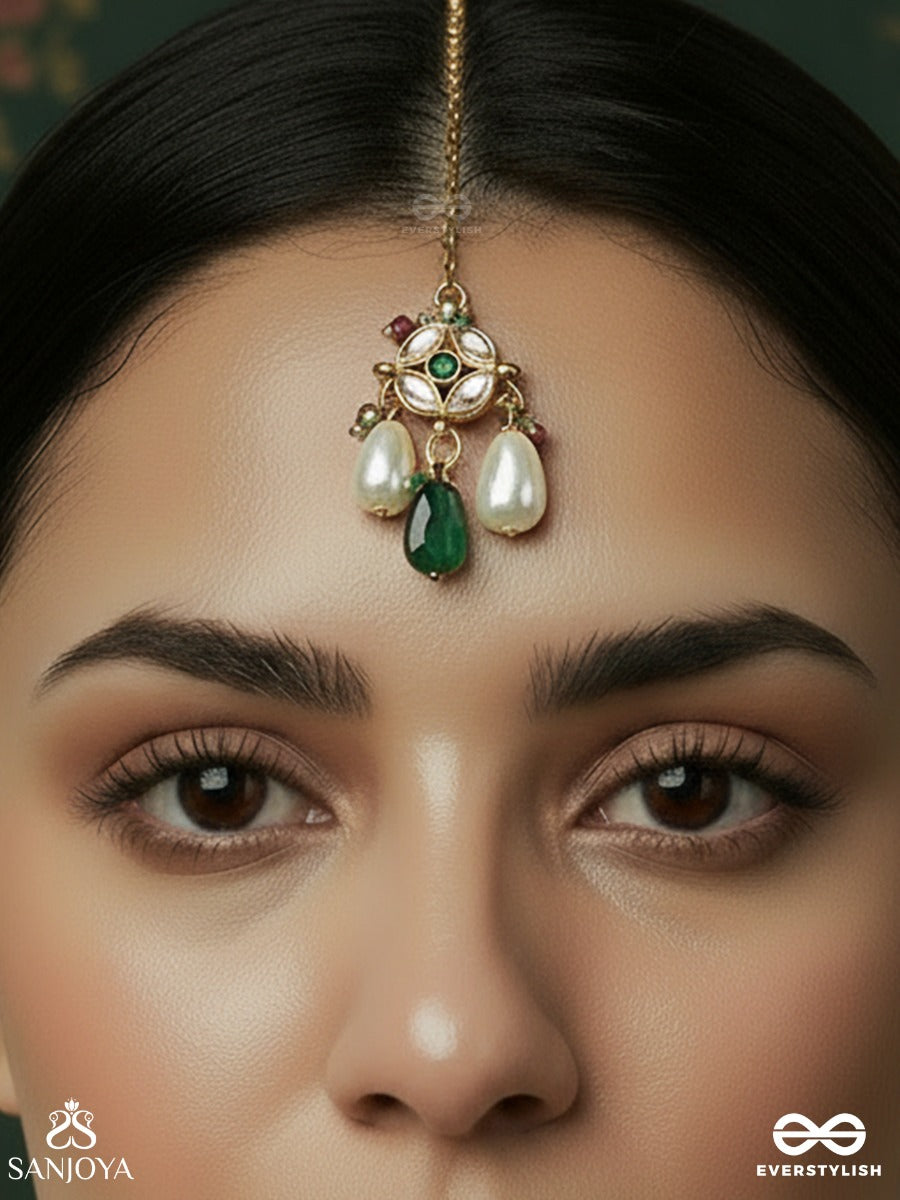Pavitrika - Sacred Adornment - Delicate Maangtika With Gem Medallion And Pearl Drop Accents