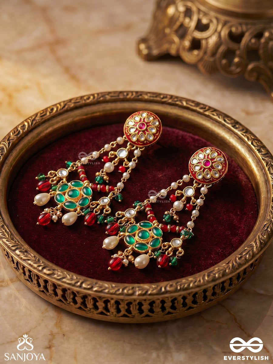 Padmaraga - Lotus Radiance - Enamelled Earrings With Floral Medallion And Gem Drop Accents