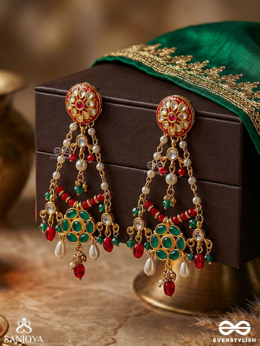 Padmaraga - Lotus Radiance - Enamelled Earrings With Floral Medallion And Gem Drop Accents