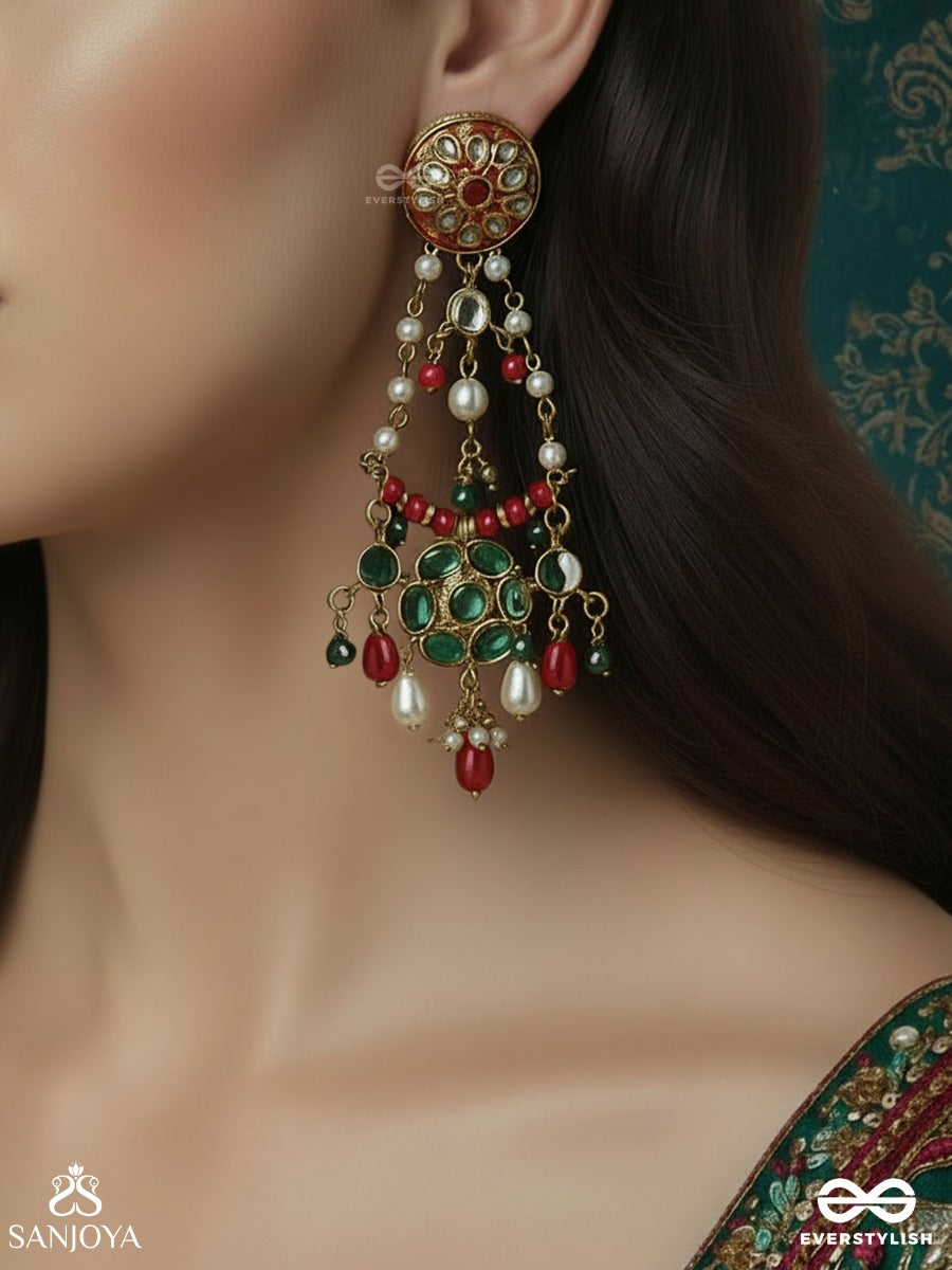 Padmaraga - Lotus Radiance - Enamelled Earrings With Floral Medallion And Gem Drop Accents