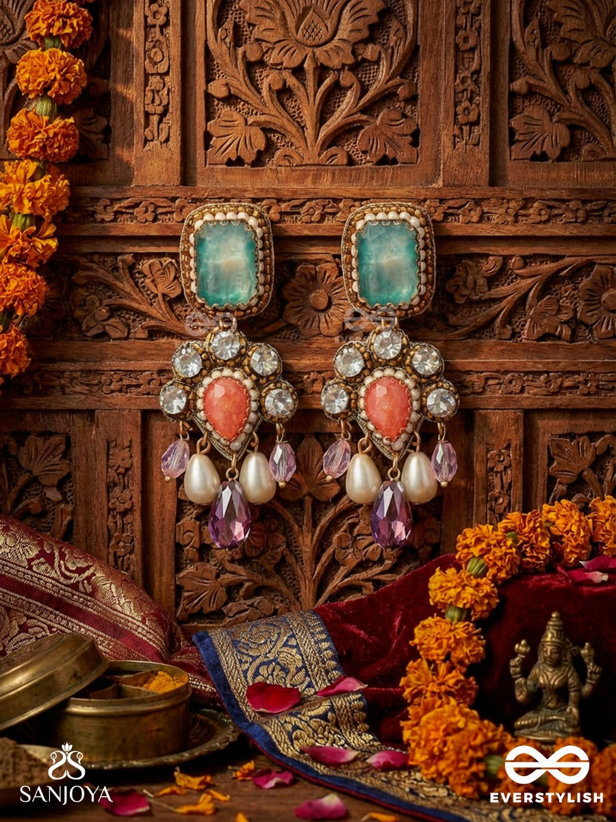 Chitraratna - Ornate Jewel - Statement Earrings With Faceted Stone Top, Floral Gem Cluster And Dangling Crystal Drops