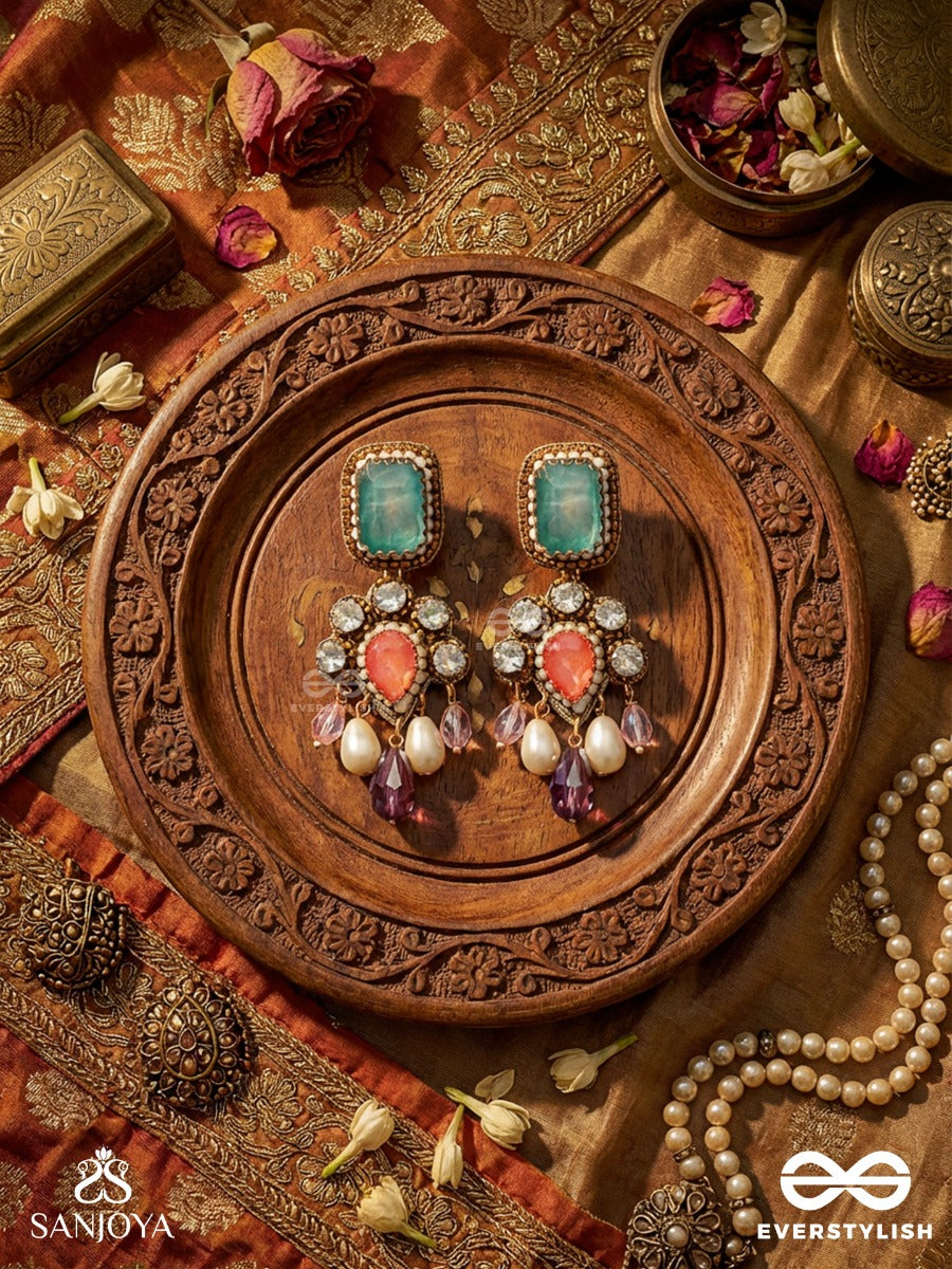 Chitraratna - Ornate Jewel - Statement Earrings With Faceted Stone Top, Floral Gem Cluster And Dangling Crystal Drops