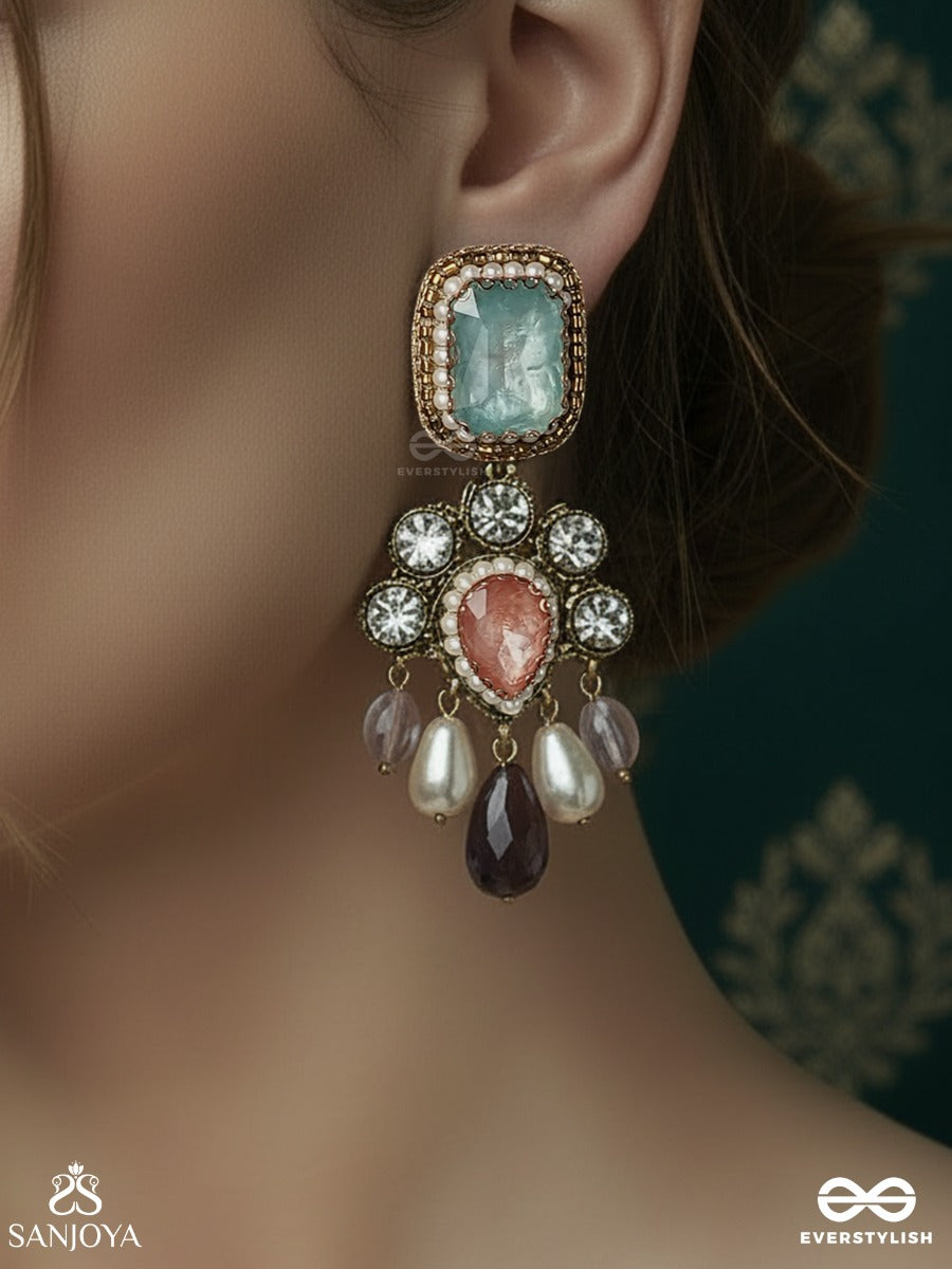 Chitraratna - Ornate Jewel - Statement Earrings With Faceted Stone Top, Floral Gem Cluster And Dangling Crystal Drops