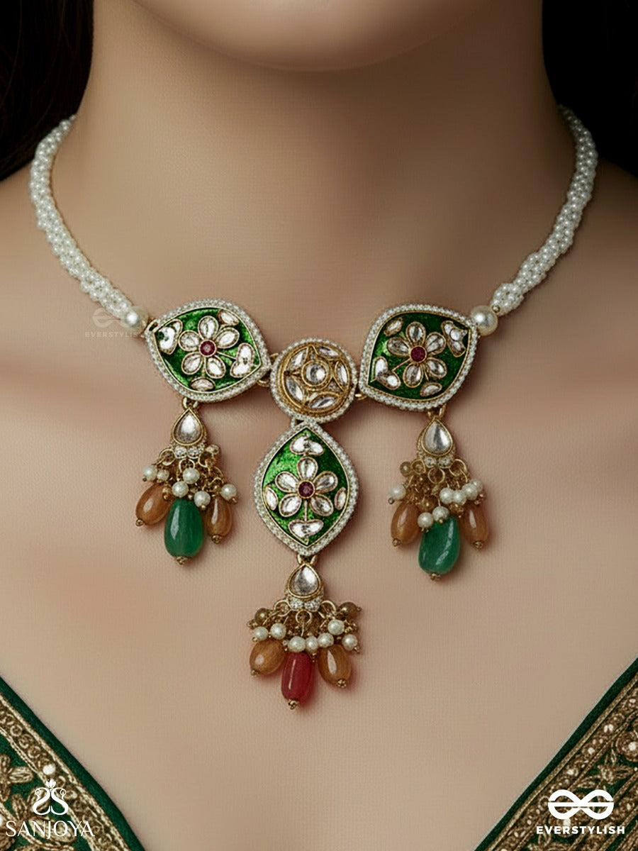 Manipushpita - Jewelled Bloom - Enamelled Necklace With Floral Gem Panels And Delicate Colourful Accents