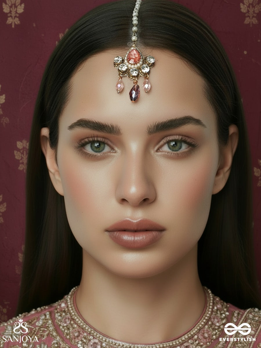 Chitraratna - Ornate Jewel - Decorative Maangtika With Gemmed Medallion, Floral Stone Cluster And Crystal Drop Accents