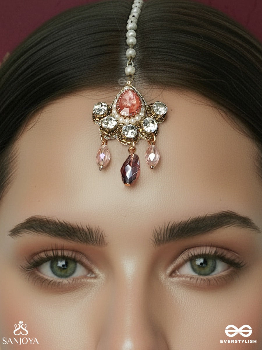 Chitraratna - Ornate Jewel - Decorative Maangtika With Gemmed Medallion, Floral Stone Cluster And Crystal Drop Accents