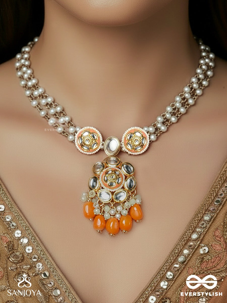 Padmavalli - Lotus Vine - Delicate Pearl Strand Necklace With Enamelled Motif And Drop Cluster