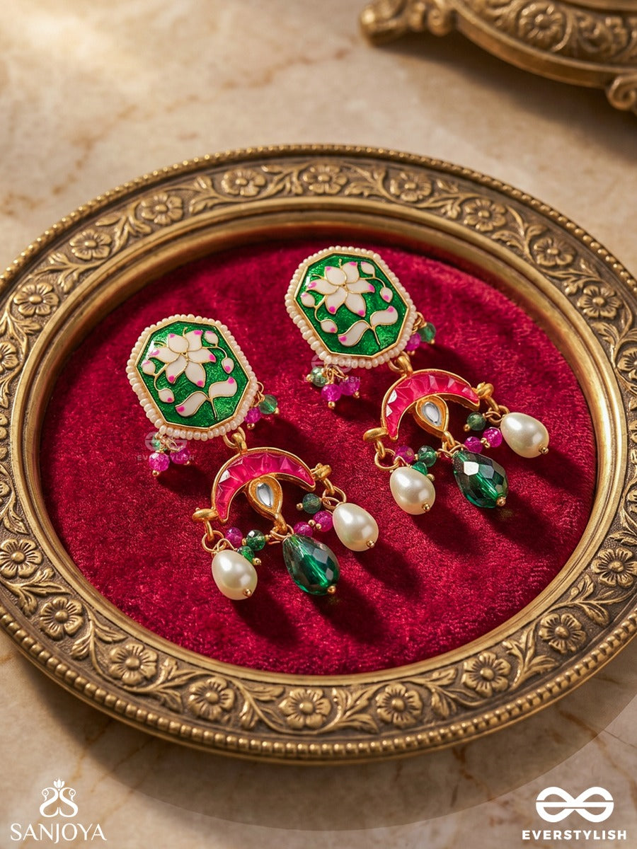 Prabhachandri - Radiant Moon - Ornate Earrings With Enamelled Bloom Panel And Pearl Drop Accents