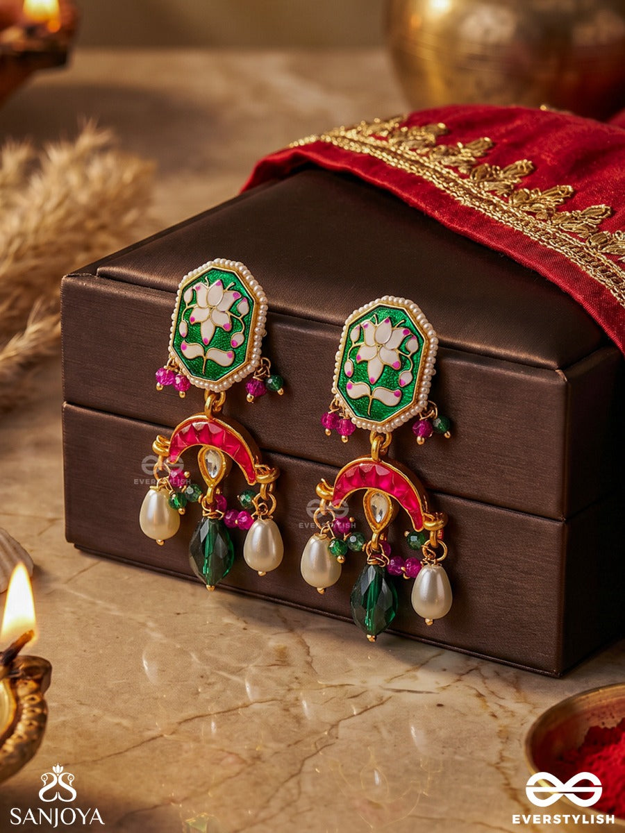 Prabhachandri - Radiant Moon - Ornate Earrings With Enamelled Bloom Panel And Pearl Drop Accents