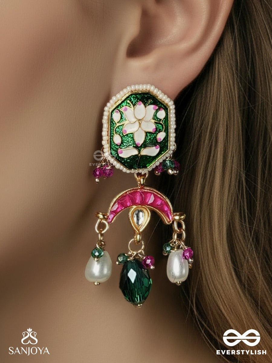 Prabhachandri - Radiant Moon - Ornate Earrings With Enamelled Bloom Panel And Pearl Drop Accents